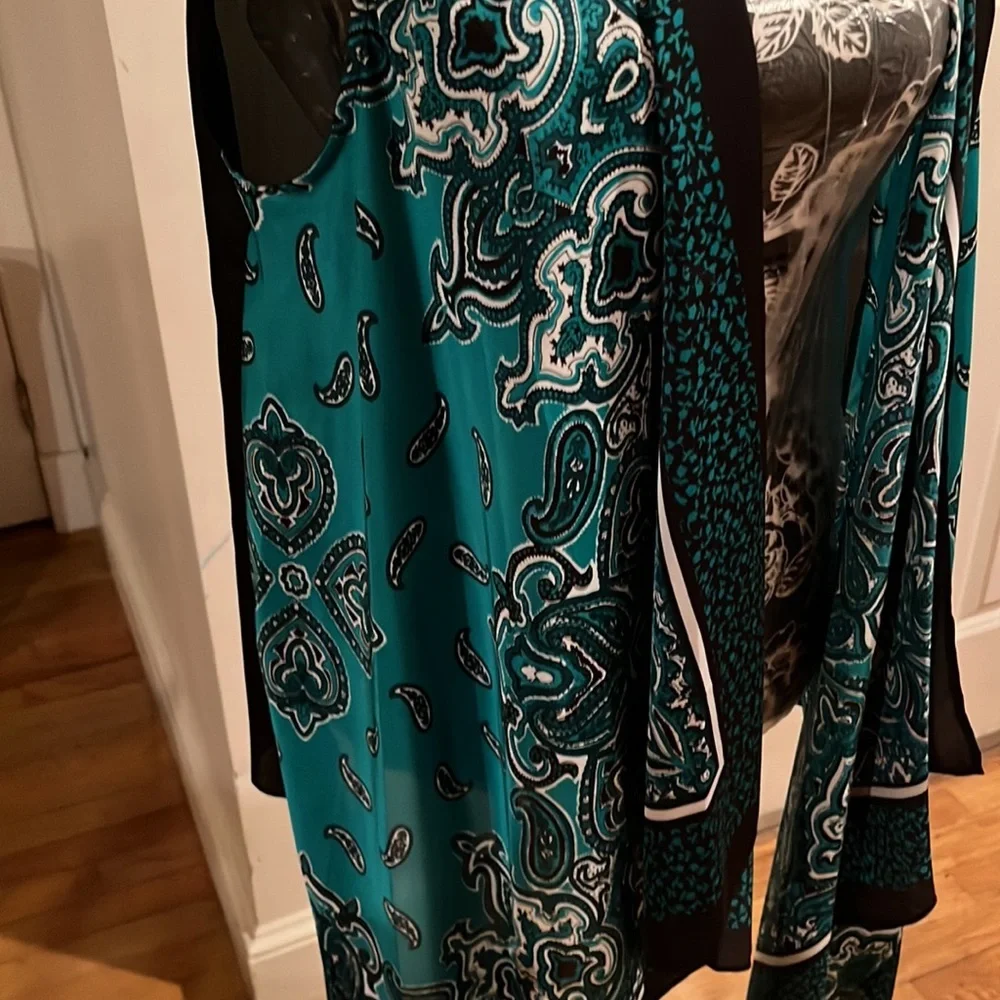 Michael Kors black & teal silk vest paisley print waterfall front size LG-XL
